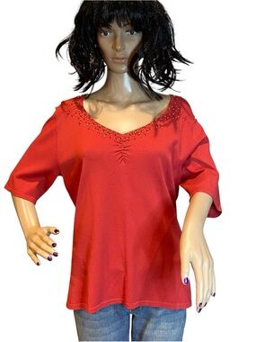 Jones Wear Red-Orange Embellished Beaded Shirt Top Elbow Length Size Large NWT